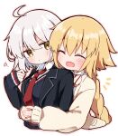  2girls ahoge black_cardigan black_jacket blonde_hair blush bow bowtie braid cardigan closed_eyes closed_mouth collared_shirt commentary_request fate/grand_order fate_(series) hug hug_from_behind jacket jeanne_d&#039;arc_(fate) jeanne_d&#039;arc_alter_(fate) long_hair looking_at_another looking_to_the_side multiple_girls necktie official_alternate_costume open_clothes open_jacket open_mouth rabiiandrain red_necktie school_uniform shirt short_hair simple_background sleeves_past_wrists smile uniform very_long_hair white_background white_hair white_shirt yellow_eyes yellow_jacket 