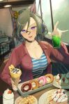  1girl absurdres animal_ears bar_stool black_choker blue_shirt blush breasts brown_hair choker cleavage commentary_request crepe cup doughnut ear_ornament food hair_between_eyes highres holding holding_cup horse_ears horse_girl indoors jacket kanpiro large_breasts long_sleeves looking_at_viewer multicolored_hair open_clothes open_jacket open_mouth plate purple_eyes red_jacket shirt short_hair sitting smile solo stool streaked_hair striped_clothes striped_shirt sweets table tap_dance_city_(umamusume) umamusume waffle 