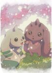  animal_ears black_eyes blurry blurry_background brown_fur cherry_blossoms digimon digimon_(creature) highres horns kyuu_may_9 lop_rabbit_ears lopmon on_grass petals rabbit_ears single_horn sitting standing terriermon white_fur 