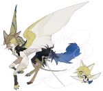  animal_ears animal_feet blonde_hair blue_feathers blue_tail blue_wings chibi chibi_inset creature feathered_wings feathers highres kamikiririp original solo sphinx white_background wings yellow_eyes yellow_feathers yellow_wings 