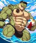 abs absurd_res anthro areola biceps biped body_hair bulge chest_hair claws clothing cloud darknaigart dinosaur facial_hair fingers green_body hat headgear headwear hi_res jace_(darknaig) male muscular muscular_anthro muscular_male nipples open_mouth open_smile partially_submerged pecs quads reptile scalie smile solo theropod tyrannosaurid tyrannosauroid tyrannosaurus tyrannosaurus_rex vein veiny_muscles water