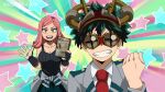  1boy 1girl artist_name bangs bare_shoulders blush boku_no_hero_academia breasts collarbone collared_shirt dailykrumbs gloves goggles goggles_on_head green_eyes green_hair grey_jacket grin hand_up hands_up hatsume_mei highres holding jacket large_breasts looking_at_viewer medium_hair midoriya_izuku necktie open_mouth pink_hair red_neckwear school_uniform shirt short_hair smile starry_background striped symbol-shaped_pupils tank_top waving yellow_eyes 
