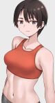  1girl abs black_hair breasts closed_mouth collarbone commentary_request hashi looking_at_viewer medium_breasts navel original purple_eyes red_sports_bra short_bangs short_hair simple_background smile solo sports_bra standing tomboy white_background 