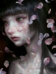 1girl absurdres black_hair blunt_bangs closed_mouth falling_petals hatena_(nazequestion) highres lips long_hair original painterly petals portrait realistic solo straight_hair yellow_eyes 