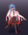  absurd_res anthro between_breasts big_breasts blue_eyes blue_hair breasts cervid cigarette cleavage clothed clothing crossed_legs female hair hi_res ladysgusting looking_at_viewer mammal smoking solo 