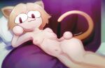 :3 animal_humanoid anthro bed blonde_hair breasts cat_humanoid detailed_background dianissimo digital_drawing_(artwork) digital_media_(artwork) felid felid_humanoid feline feline_humanoid female furniture hair hi_res humanoid inner_ear_fluff looking_at_viewer lying lying_on_bed mammal mammal_humanoid navel neco-arc nipples nude on_bed on_side outline pillow pink_nipples red_eyes seductive shaded small_breasts solo tail text toony tsukihime tuft type-moon
