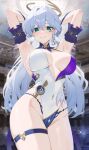  1girl absurdres adapted_costume aqua_eyes armpits arms_up bare_shoulders blurry blurry_background commentary covered_navel cowboy_shot detached_sleeves groin highres honkai:_star_rail honkai_(series) leotard long_hair looking_at_viewer nvl robin_(honkai:_star_rail) short_sleeves smile solo standing thigh_strap thighs very_long_hair white_hair white_leotard 