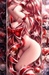  1girl absurdres arms_up bangs been bow breasts cleavage closed_eyes elesis_(elsword) elsword eyebrows_visible_through_hair highres large_breasts long_hair lying naked_ribbon on_side red_bow red_hair red_ribbon restrained ribbon shiny shiny_hair sideboob snowflakes solo tears very_long_hair 