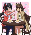  2girls absurdres ahoge animal_ears artist_logo black_hair blue_eyes blush border brown_hair brown_jacket cake closed_eyes color_neko_(user_yfvc3323) commentary_request denim denim_shorts ear_covers ear_ornament feeding feet_out_of_frame floral_print food fork fruit hair_between_eyes hair_ornament highres holding holding_fork horse_ears horse_girl horse_tail jacket jeans jewelry katsuragi_ace_(umamusume) long_hair long_sleeves medium_hair mr._c.b._(umamusume) multicolored_hair multiple_girls necklace official_alternate_costume open_clothes open_jacket open_mouth pants plate ponytail shirt shorts sitting smile strawberry streaked_hair table tail tassel tassel_hair_ornament umamusume white_border white_hair white_shirt 