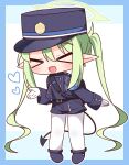  &gt;_&lt; 1girl :d armband belt belt_buckle black_belt black_footwear black_hat black_jacket black_shorts blue_archive blue_background blue_border blush border buckle chibi closed_eyes demon_tail facing_viewer fang full_body gloves green_hair halo hana_kazari hat heart highlander_twintails_conductor_(blue_archive) highres jacket long_hair long_sleeves outline pantyhose pantyhose_under_shorts peaked_cap pointy_ears shoes short_shorts shorts sleeves_past_wrists smile solo standing tail twintails two-tone_background very_long_hair white_background white_gloves white_outline white_pantyhose xd 