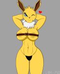  &lt;3 absurd_res anthro belt_bra big_breasts big_butt blue_eyes breasts butt clothing eeveelution female hands_behind_head hi_res jolteon lmk-750 nintendo one_eye_closed pok&eacute;mon pok&eacute;mon_(species) smile solo standing thong underwear video_games wide_hips wink 