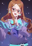  1girl :d absurdres akai_meganee belt blue_belt blue_bow bow brown_eyes brown_hair commentary_request earrings glasses glowing_clothes hand_up highres himitsu_no_aipri index_finger_raised jewelry long_hair long_sleeves looking_at_viewer open_mouth pretty_series puffy_long_sleeves puffy_sleeves purple_shirt red-framed_eyewear shirt smile solo triangle_earrings tsujii_luki upper_body 