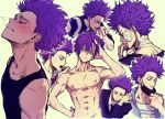  1boy absurdres bags_under_eyes bangs biting blood blush boku_no_hero_academia clenched_teeth denden_(dendenkiribaku) eating formal gym_uniform hand_on_hip heavy_breathing highres lip_biting male_focus mask mask_pull messy_hair mouth_mask necktie purple_hair shinsou_hitoshi shirtless solo suit sweat tank_top teeth toned toned_male u.a._gym_uniform uniform wet wet_hair 