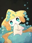  black_background colored_skin commentary_request flower_facial_mark green_flower hanabusaoekaki highres jirachi looking_at_viewer no_humans open_mouth pokemon pokemon_(creature) simple_background white_skin 