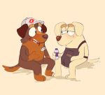 2023 alt_energy_dog_(bluey) anthro apron beverage bird_dog black_apron black_clothing black_eyes bluey_(series) blush bottle brown_body brown_ears brown_fur brown_hair brown_nose brown_tail canid canine canis clothing container digital_media_(artwork) domestic_dog duo employee_(bluey) fur hair half-closed_eyes hat headgear headwear hi_res holding_beverage holding_bottle holding_container holding_object hunting_dog labrador looking_at_another male mammal motion_lines multicolored_body multicolored_fur name_tag narrowed_eyes red_clothing red_hat red_headwear retriever shaibey simple_background sitting smile tail tail_motion tailwag tan_body tan_ears tan_fur tan_tail teeth tongue two_tone_body two_tone_fur two_tone_hat two_tone_tail white_clothing white_hat white_headwear yellow_background