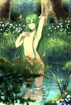  1boy androgynous bathing enkidu_(fate) fate/grand_order fate_(series) green_eyes green_hair highres long_hair male_focus nude outdoors smile solo tree very_long_hair water wet 