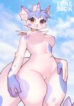 anthro beau_(vaporwaveon) blue_hair breasts cat_smile eeveelution female fin generation_1_pokemon genitals hair head_fin hi_res looking_at_viewer looking_down looking_down_at_viewer nintendo nipples nude pokemon pokemon_(species) pussy sky smile solo tail tealsick thick_tail under_boob vaporeon white_body wide_hips