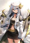  1girl bangs black_choker blue_eyes breasts choker cleavage closed_eyes closed_mouth collarbone detached_sleeves eyebrows_visible_through_hair eyes_visible_through_hair hair_between_eyes hand_on_hip heterochromia holding holding_weapon horns ideal_(p&amp;d) kanaria_(kanari_as) long_hair long_sleeves looking_at_viewer medium_breasts navel off_shoulder puzzle_&amp;_dragons red_eyes sidelocks simple_background smile solo thighs weapon white_background white_hair wide_sleeves wings 