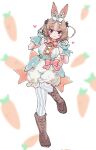  1girl :3 absurdres animal_ears back_bow bare_shoulders blue_pantyhose blue_shirt blue_wrist_cuffs blush boots bow bowtie brown_bow brown_eyes brown_footwear carrot center_frills domestic_rabbit_(kemono_friends) etobiuo frilled_shirt frilled_shorts frills gloves hair_between_eyes hair_bow heart highres kemono_friends kemono_friends_3 light_brown_hair looking_at_viewer multicolored_hair multicolored_shirt official_alternate_costume pantyhose pink_bow pink_bowtie pink_shirt rabbit_ears rabbit_girl shirt shorts sidelocks sleeveless solo standing standing_on_one_leg striped_clothes striped_pantyhose striped_shirt two-tone_bowtie two-tone_hair vertical-striped_clothes vertical-striped_pantyhose vertical-striped_shirt white_bow white_bowtie white_gloves white_hair white_pantyhose white_shirt white_shorts wrist_cuffs yellow_bow 