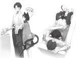  1boy 1girl absurdres animal_ears blue_archive cat_ears cat_tail closed_eyes coffee_mug commentary_request cuddling cup doodle_sensei_(blue_archive) eshineko girl_on_top greyscale halo haori hetero highres hug japanese_clothes kikyou_(blue_archive) kimono_on_shoulders long_sleeves lying monochrome mug multiple_tails on_back school_uniform sensei_(blue_archive) short_hair simple_background sleeping sleepy standing tail two_tails 