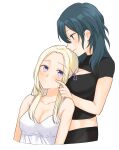  2girls blue_eyes blue_hair breast_press breasts byleth_(fire_emblem) byleth_(fire_emblem)_(female) cleavage cleavage_cutout closed_mouth clothing_cutout collarbone dress edelgard_von_hresvelg fire_emblem fire_emblem:_three_houses fukuroumori hair_over_shoulder hair_ribbon highres long_hair looking_at_another looking_down medium_breasts midriff multiple_girls purple_ribbon ribbon shiny shiny_hair short_sleeves silver_hair simple_background sleeveless sleeveless_dress small_breasts smile spaghetti_strap white_background white_dress yuri 