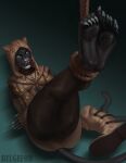 absurd_res angry anthro barefoot belgefor bethesda_softworks black_body black_fur blue_eyes bound claws clothed clothing clothing_removed fangs feet feet_together felid feline female foot_fetish foot_focus footwear forced fur hands_behind_back hi_res hood khajiit khamira legs_tied mammal open_mouth raised_leg rope simple_background soles solo submissive tail teeth the_elder_scrolls the_elder_scrolls_online toe_claws toes