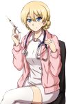  1girl absurdres alternate_costume blonde_hair blue_eyes braid cardigan chair closed_mouth collared_dress commentary crossed_legs darjeeling_(girls_und_panzer) dress girls_und_panzer highres holding holding_syringe looking_at_viewer office_chair omachi_(slabco) on_chair open_cardigan open_clothes pencil_dress pink_cardigan short_dress short_hair simple_background sitting smile solo stethoscope swivel_chair syringe thighhighs twin_braids white_background white_dress white_thighhighs 