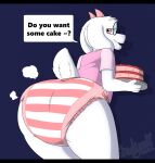 2_horns anthro bent_over bovid butt butt_focus cake caprine clean_diaper clothing darkner deltarune dessert dialogue diaper floppy_ears food fur goat hi_res holding_cake holding_food holding_object horn long_ears looking_at_viewer looking_back looking_back_at_viewer male mammal pink_clothing pink_eyes pink_horn pink_shirt pink_t-shirt pink_topwear ralsei shadyadi shirt solo speech_bubble striped_diaper suggestive t-shirt talking_to_viewer topwear undertale_(series) white_body white_fur