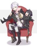  1boy 1girl black_hair father_and_daughter fire_emblem fire_emblem_awakening gloves grey_hair menoko morgan_(female)_(fire_emblem) morgan_(fire_emblem) no_shoes reading robin_(fire_emblem) robin_(male)_(fire_emblem) sitting sitting_on_lap sitting_on_person thighhighs white_hair yellow_eyes 