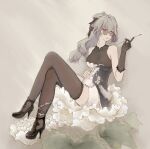  1girl bare_shoulders black_dress black_footwear black_gloves black_thighhighs breasts bronya_zaychik china_dress chinese_clothes commentary crossed_legs dress flower full_body gloves grey_eyes grey_hair hair_between_eyes hair_ornament high_heels highres holding holding_smoking_pipe honkai_(series) honkai_impact_3rd kiseru leaf legs long_hair looking_at_viewer looking_over_eyewear nao_tou_di_guan single_glove sitting sleeveless sleeveless_dress smoking_pipe solo sunglasses symbol-only_commentary thighhighs white_flower 