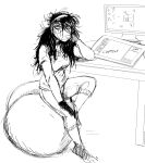  2021 accessory anthro barefoot black_and_white clothed clothing computer desk didelphid drawing_tablet english_text exercise_ball eyewear female furniture glasses hair hair_accessory hi_res hladilnik looking_at_viewer mammal marsupial marylin_(hladilnik) messy_hair monochrome sitting solo tablet tablet_pen text 