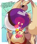 &gt;_&lt; absurd_res anthro big_diaper big_ear black_sclera bodily_fluids brown_body brown_fur chimchar chocomintshake clothed clothing dialogue diaper diaper_only diaper_pail diaper_pile diaper_squish duo eyes_closed feces fire flaming_tail floppy_ears fur generation_4_pokemon genital_fluids hi_res holding_another holding_diaper huge_diaper hyper_soiling laugh lopunny male nintendo open_mouth open_smile pink_body pink_fur pokeball_diaper pokemon pokemon_(species) red_eyes shiny_pokemon smile soiling tail talking_to_another text topless touching_diaper urine used_diaper wetting