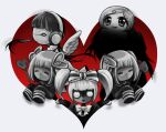  5girls :d bangs black_shirt blunt_bangs bow closed_eyes closed_mouth coco_(mahou_shoujo_of_the_end) commentary_request grey_hair hair_bow hair_ornament hana-chan_(mahou_shoujo_of_the_end) headphones heart heart_hair_ornament holding_stsaff kronos_m_(mahou_shoujo_of_the_end) lolo_(mahou_shoujo_of_the_end) looking_at_viewer mahou_shoujo_of_the_end multiple_girls open_mouth rib_(mahou_shoujo_of_the_end) shirt short_hair sleeves_past_fingers sleeves_past_wrists smile striped suzuka_(rekkyo) white_background wings 