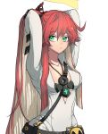  1girl ankh_necklace bodysuit breasts cleavage colored_inner_hair ebi_pri_shrimp green_eyes guilty_gear guilty_gear_strive hair_between_eyes jack-o&#039;_valentine large_breasts long_hair long_sleeves looking_at_viewer multicolored_hair red_hair two-tone_hair upper_body white_bodysuit white_hair 