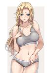  1girl blonde_hair blue_eyes blush breasts buruma collarbone commentary_request cowboy_shot grey_buruma grey_sports_bra highres hornet_(kancolle) jewelry kantai_collection kuurunaitsu large_breasts long_hair looking_at_viewer navel parted_lips ring solo sports_bra standing 