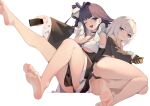  2girls absurdres ass azur_lane bare_shoulders barefoot black_dress black_hair black_panties black_ribbon black_skirt blue_eyes breasts cellphone choker cleavage commentary criss-cross_halter detached_sleeves dress feet feet_up foot_focus frilled_choker frilled_sleeves frills gloves grey_hair grin hair_ribbon half_gloves halterneck highres holding holding_phone jade_(a_good_girl&#039;s_magic)_(azur_lane) jade_(azur_lane) large_breasts liverpool_(azur_lane) long_sleeves looking_at_viewer multiple_girls nail_polish official_alternate_costume one_eye_closed open_mouth panties phone purple_nails ribbon simple_background skirt smartphone smile soles sp_(8454) teeth thighs toes underboob underwear v-shaped_eyebrows white_background wide_sleeves 