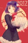  1girl 2017 akino_rinko animal bird bishoujo_senshi_sailor_moon black_dress chicken chinese_zodiac commentary dress flower fur-trimmed_dress fur_trim hair_ornament happy_new_year holding holding_animal one_eye_closed purple_eyes purple_hair rooster short_dress smile solo tomoe_hotaru year_of_the_rooster 