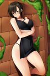  1girl black_dress black_hair black_panties blue_eyes blush breasts cleavage closed_mouth collarbone commission dress kingdom_hearts large_breasts lindaroze looking_to_the_side moss panties short_hair smile solo thighs underwear wall xion_(kingdom_hearts) 