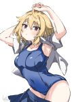  1girl ahoge armpits arms_up blonde_hair blush breasts closed_mouth collarbone covered_navel cowboy_shot dot_nose flipped_hair hair_between_eyes ibuki_tsubasa idolmaster idolmaster_million_live! idolmaster_million_live!_theater_days large_breasts looking_at_viewer loose_skirt mitogawawataru open_clothes open_shirt pleated_skirt red_eyes school_swimsuit shirt short_hair shy sidelocks signature simple_background skirt solo swimsuit wet white_background white_shirt 