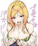  1boy 1girl bare_shoulders blonde_hair blush breasts camisole cleavage collarbone crying dot_nose eyelashes green_camisole hair_between_eyes hair_over_shoulder half-closed_eyes holding_another&#039;s_arm huge_breasts idolmaster idolmaster_million_live! idolmaster_million_live!_theater_days jewelry lace-trimmed_shirt lace_trim long_hair mitogawawataru momose_rio nail_polish necklace off_shoulder open_mouth parted_bangs producer_(idolmaster) shirt sidelocks signature simple_background sobbing solo_focus spaghetti_strap straight_hair tearing_up tears teeth translation_request white_background 