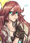  1girl ankh_necklace black_gloves breasts cleavage gloves green_eyes guilty_gear guilty_gear_strive hair_between_eyes jack-o&#039;_valentine large_breasts long_hair looking_at_viewer mariebell multicolored_hair red_hair two-tone_hair white_hair 