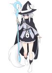  1girl absurdres animal_ear_fluff animal_ears black_cloak black_hat black_skirt black_socks blue_eyes blush boots cloak closed_mouth commentary_request ears_through_headwear fox_ears fox_girl fox_tail full_body grey_hair grey_jacket hair_between_eyes hat highres holding holding_staff jacket kuronagi_(mitora_uwu) long_sleeves original pleated_skirt simple_background skirt sleeves_past_wrists smile socks solo staff standing standing_on_one_leg tail white_background white_footwear witch_hat 