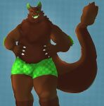 absurd_res anthro beard belly big_tail boxers_(clothing) boxers_only brown_body brown_fur brown_hair bulge chest_tuft clothed clothing eyebrows facial_hair fur green_eyes hair hands_on_hips hi_res looking_at_viewer male neck_tuft simple_background sleepypandaburr slightly_chubby smile smiling_at_viewer solo soundbyte tail thick_eyebrows topless tuft underwear underwear_only
