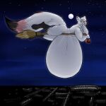 2023 absurd_res anthro basket belly big_belly broom broom_riding brutus_(pillowtummy) canid canine cleaning_tool container floating halloween_2023 hi_res holding_basket holding_container holding_object huge_belly hyper hyper_belly light magic_user male mammal moon moonlight mythological_canine mythological_creature mythology night pillowtummy solo were werecanid werecanine werewolf witch