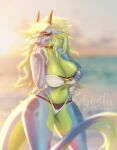 anthro beach big_breasts bikini breasts campfire_(character) clothed clothing digital_media_(artwork) dragon fangs female finger_fetish finger_lick finger_play fingers ghostli green_eyes green_hair hair hi_res horn licking long_hair looking_at_viewer multicolored_hair non-mammal_breasts scalie seaside simple_background solo_focus swimwear teeth tongue tongue_out 