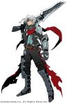  1boy armor belt concept_art copyright_notice cosmic_break gunblade highres jace_(cosmic_break) leg_armor mechanical_hands morizo_cs official_art pants red_eyes red_scarf scarf shirt short_hair shoulder_armor single_mechanical_hand weapon white_background white_hair 