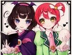  2girls alternate_hair_length alternate_hairstyle ao_(ao0_0nemu) avocado_academy_school_uniform bad_id bad_twitter_id baozi blue_eyes book brown_hair capelet closed_mouth collared_shirt commentary_request fangs food green_jacket hairband hand_up highres holding holding_book holding_food idol_time_pripara jacket kurosu_aroma long_sleeves looking_at_another multiple_girls necktie open_book open_mouth pink_hairband pink_necktie ponytail pretty_series pripara purple_capelet red_hair school_uniform shiratama_mikan shirt short_hair smile upper_body white_shirt yellow_eyes 