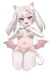  absurdres animal_ear_fluff animal_ears bat_wings bikini breasts demon_girl elbow_gloves eyelashes fangs gloves hair_between_eyes highres long_hair low_wings medium_breasts navel original red_eyes simple_background soda_(sod4) swimsuit twintails white_background white_bikini white_gloves white_hair wings 