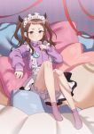  1girl absurdres blush brown_hair emu_(emum) fake_horns full_body heart heart-shaped_pillow highres horns idolmaster idolmaster_cinderella_girls indoors jacket koseki_reina long_hair long_sleeves looking_at_viewer maid_headdress pillow pink_socks purple_eyes purple_jacket red_ribbon ribbon sitting skirt socks solo two_side_up zipper 