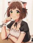  1girl :3 alternate_costume animal_ears black_ribbon blush breasts brown_hair cat_ears cleavage closed_mouth emu_(emum) enmaided eyebrows_visible_through_hair green_eyes hair_ornament hand_up highres idolmaster idolmaster_cinderella_girls looking_at_viewer maekawa_miku maid maid_headdress medium_breasts paw_pose ribbon short_hair skirt smile solo wrist_cuffs 